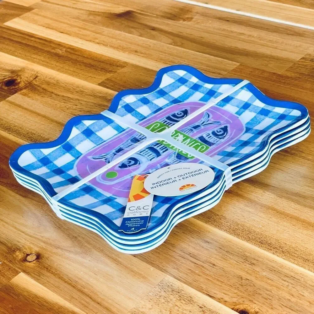 NWT C&C California Set of 4 Sardines Square Melamine Appetizer 9” plates Trays